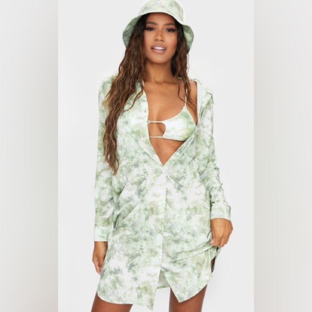 Pretty Little Thing Green Acid Wash Oversized Beach Button Down Shirt US 6